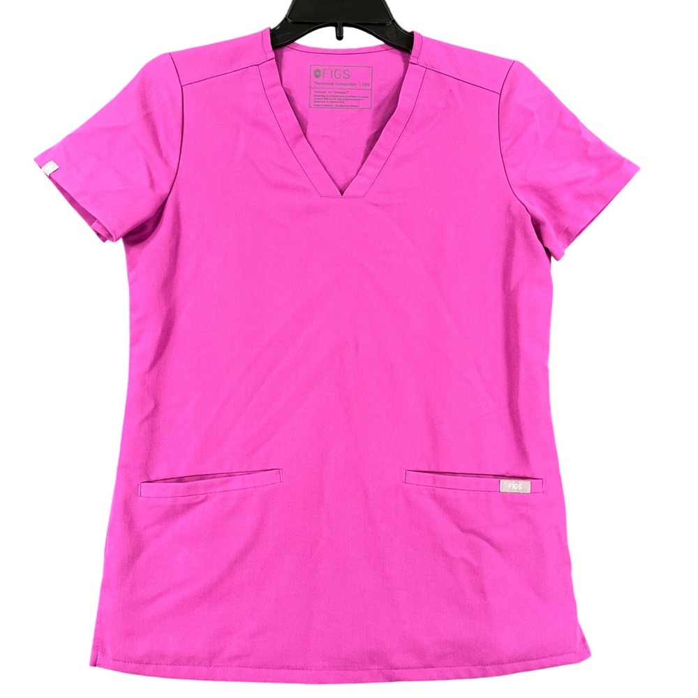 FIGS Casma Scrub Top Womens XXS Pink Three Pockets V-Neck Medical